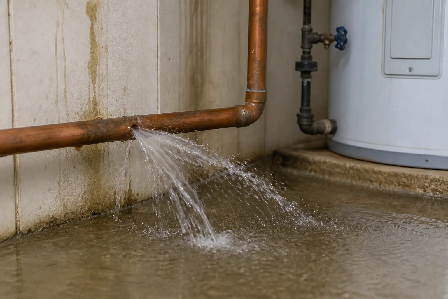 Water spraying from a burst copper pipe next to a residential water heater