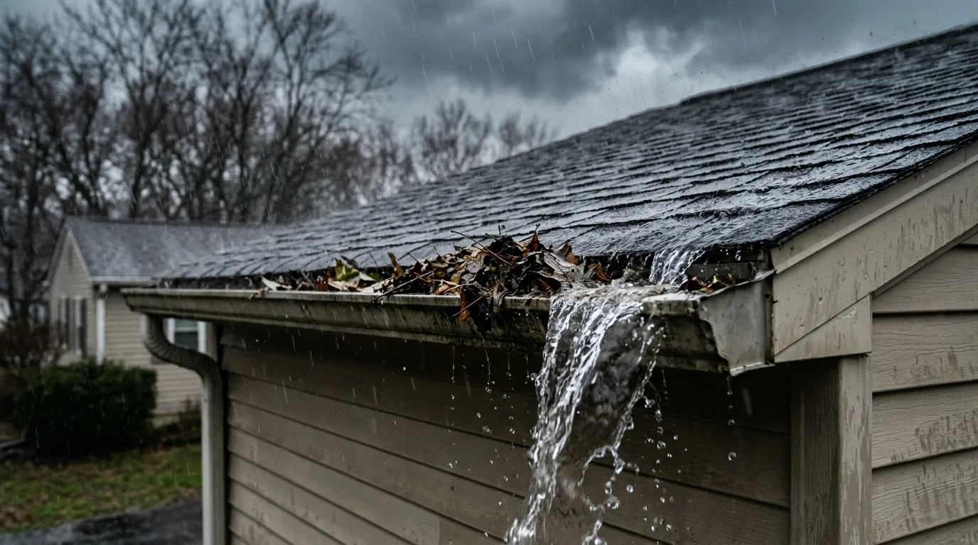 Rainwater overflowing from a clogged gutter along the edge of a home's roof during a storm
