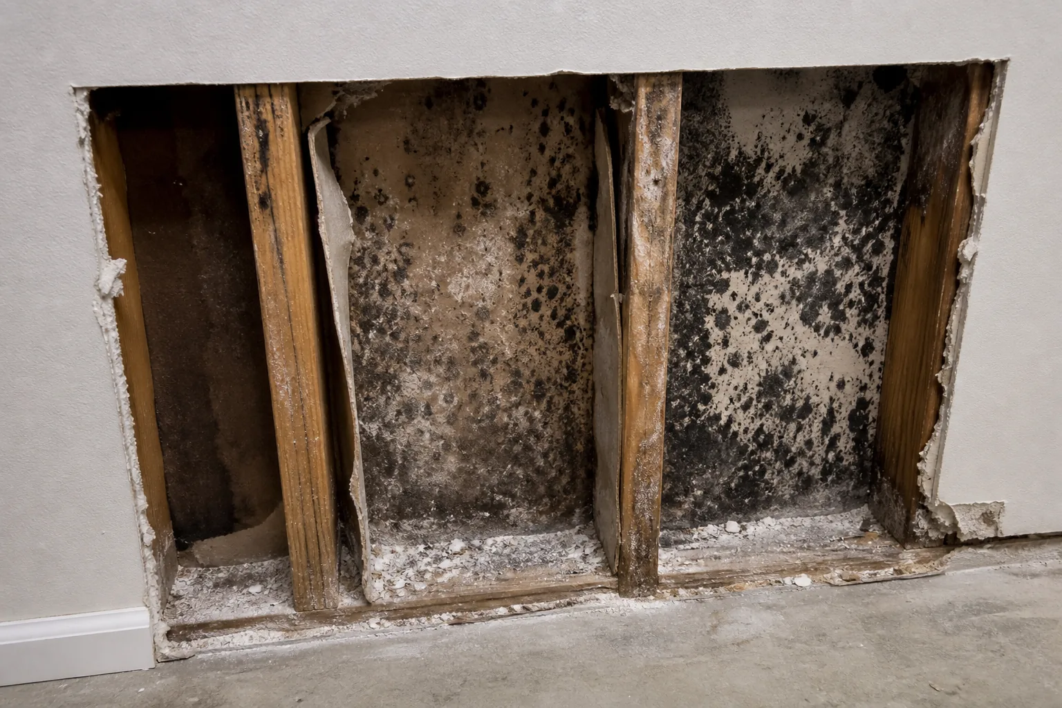 Opened drywall revealing dark mold on wood studs and the back of a residential wall