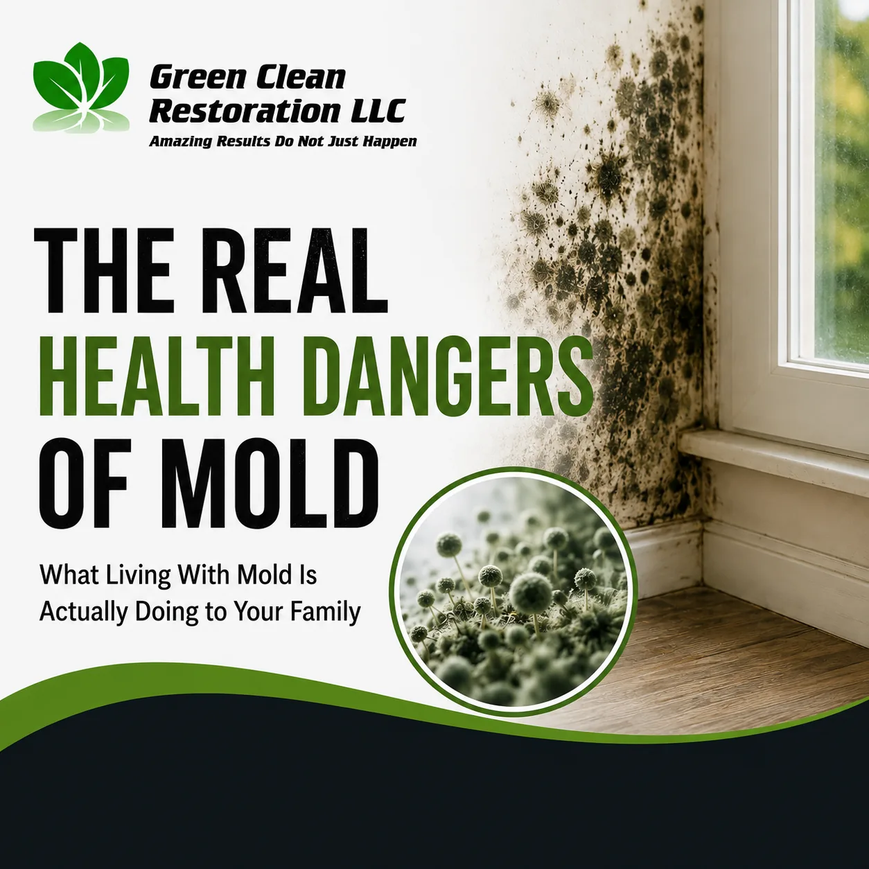 Green Clean Restoration graphic titled The Real Health Dangers of Mold, showing mold in a window corner and a close-up of mold spores