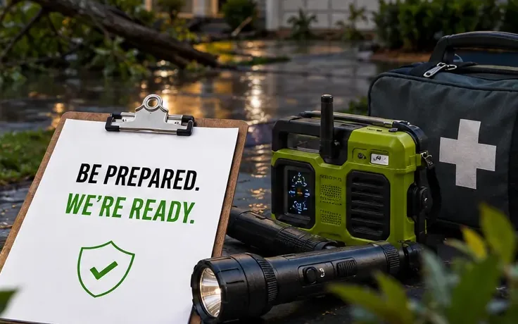 A storm-damaged home with a downed tree and an emergency preparedness kit on the wet street
