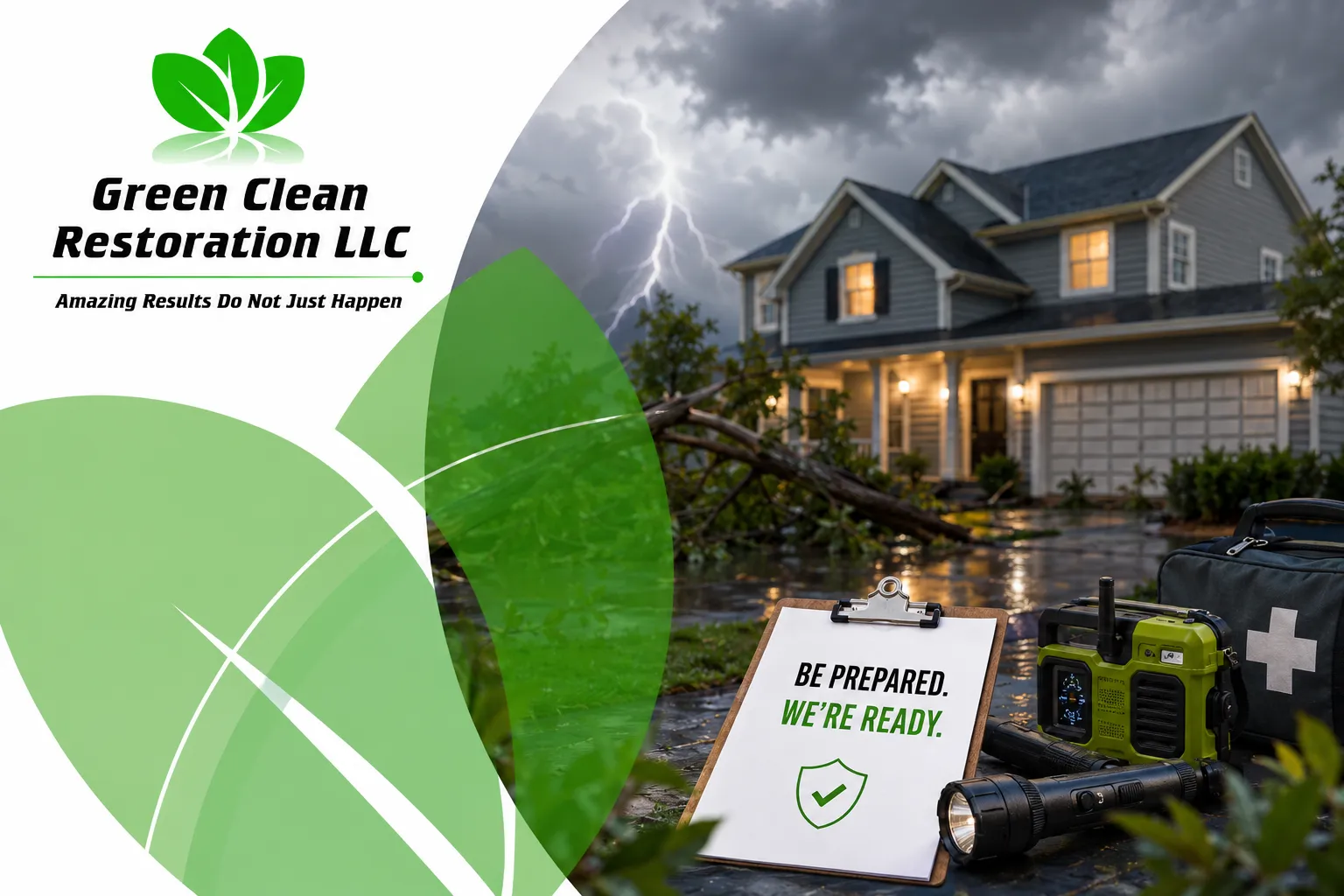 Green Clean Restoration storm readiness graphic showing a storm-damaged home and an emergency preparedness kit