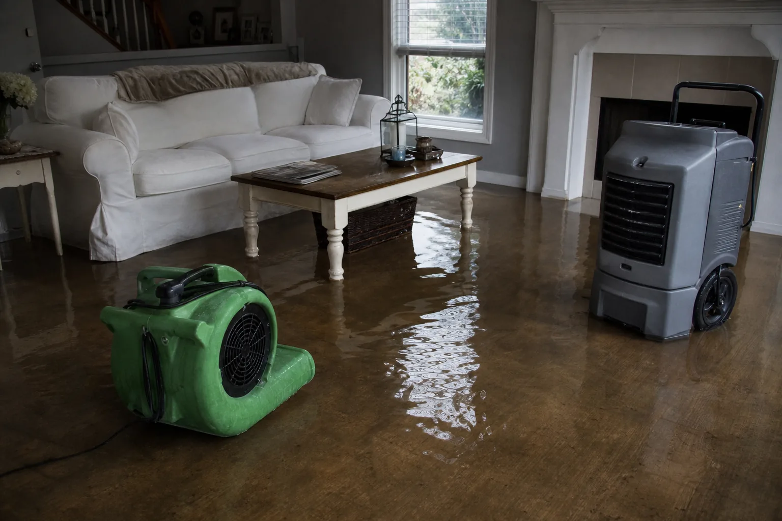 Standing water in a living room with a green air mover and a commercial dehumidifier