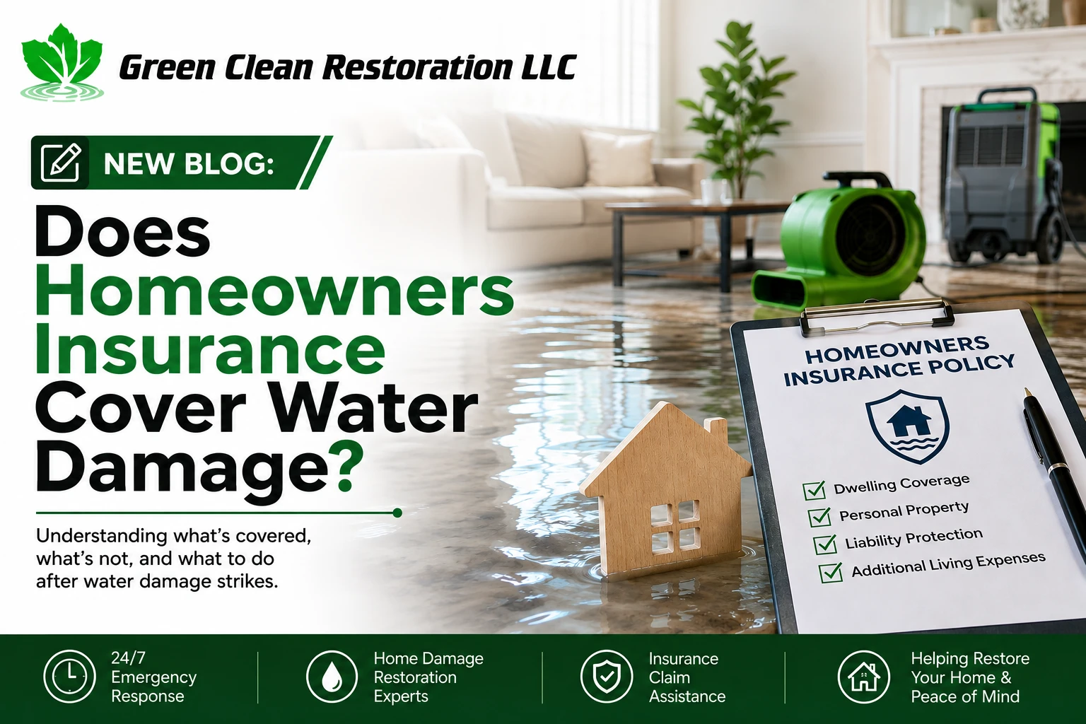 Green Clean Restoration graphic asking whether homeowners insurance covers water damage, with a flooded living room, drying equipment, and an insurance checklist